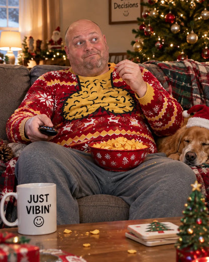Man wearing the Jingle Balls ugly Christmas sweater on the couch with snacks and a sleeping dog