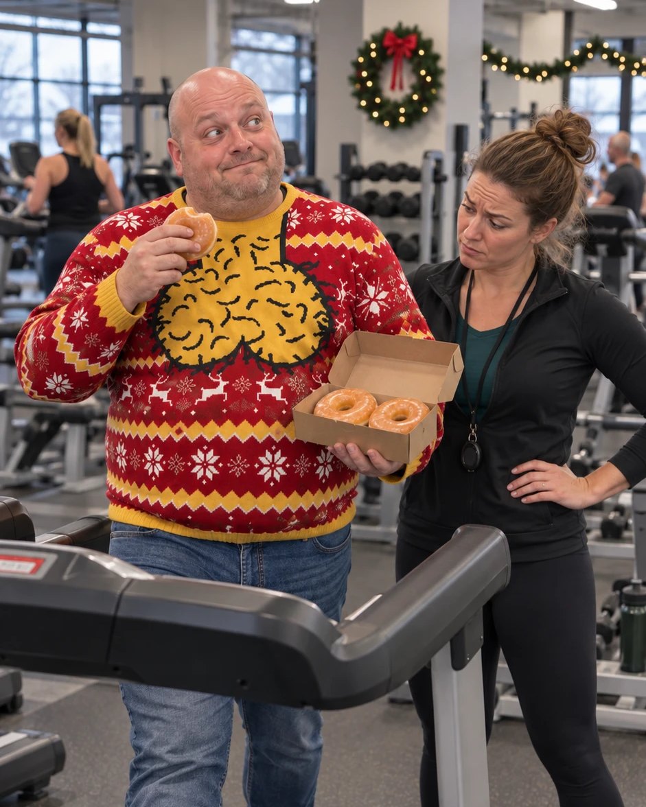 Man in the Jingle Balls sweater eating donuts on a treadmill while a trainer looks on