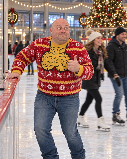 Man in the Jingle Balls sweater giving a thumbs up at an ice rink