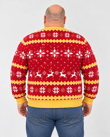 Back of the Jingle Balls ugly Christmas sweater with snowflake and reindeer bands