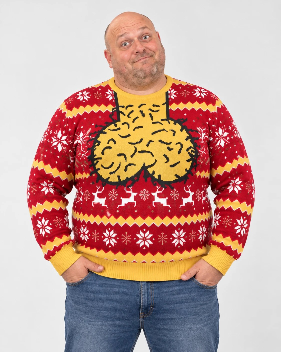 Man wearing the Jingle Balls ugly Christmas sweater, front view: red and yellow Fair Isle pattern with a cartoon hairy Christmas balls design