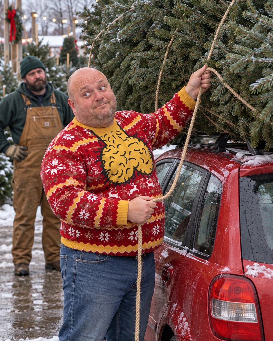 Man in the Jingle Balls ugly Christmas sweater tying a Christmas tree to his car roof